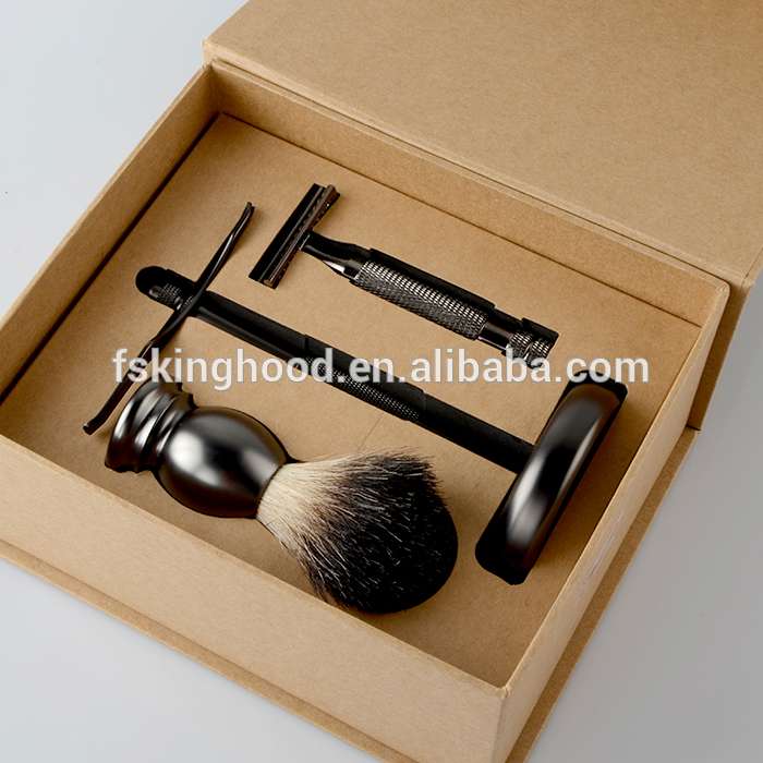 mens black metal shaving razor brush stand with craft paper box grooming set