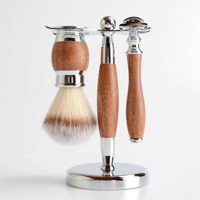 Eco-friendly Custom Wood Private Label Safety Brush Razor Set For Gift Shaving Brush For Man